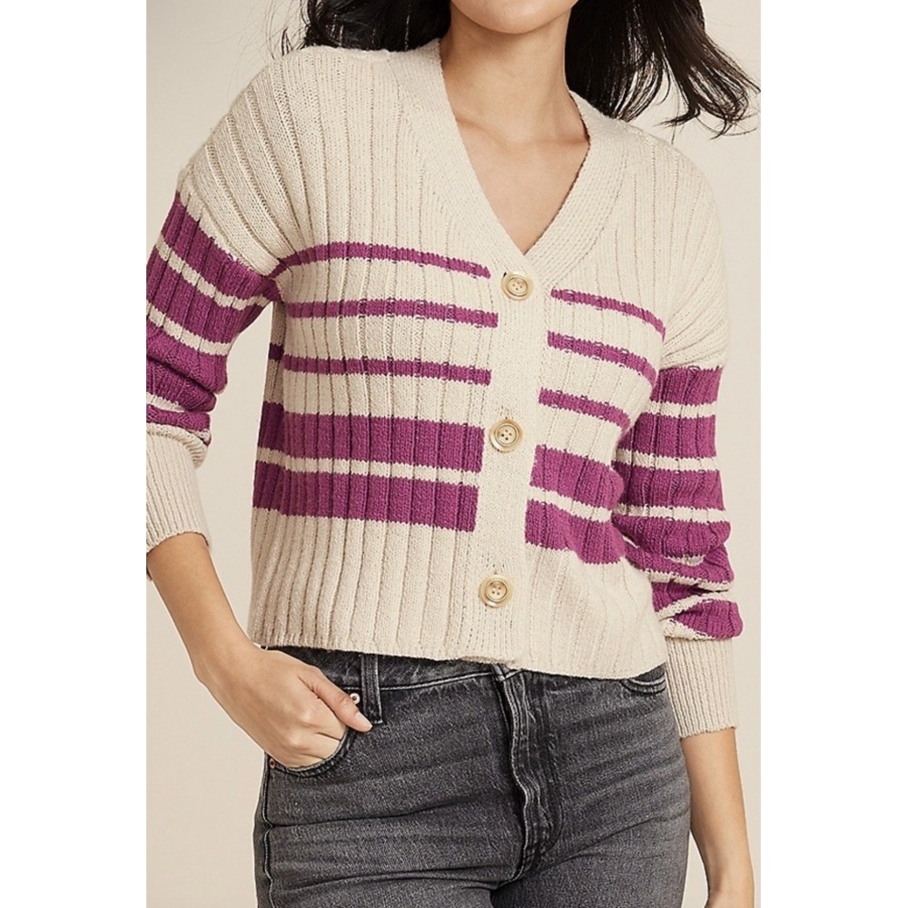 Maurice's Button Front Cropped Fit Ribbed Cardigan Striped Beige/Purple Sz L
